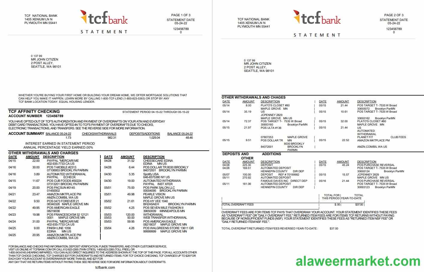 USA TCF bank statement, Word and PDF template, 3 pages